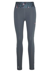 Legíny v tmavě šedém materiálu s přiléhavým střihem. Mají vzorovaný pas v tyrkysové, černé a růžové barvě. Hladký povrch.