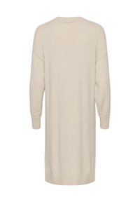 Beige lange gebreide cardigan met lange mouwen, geribde manchetten en zoom, van achteren getoond tegen een witte achtergrond.