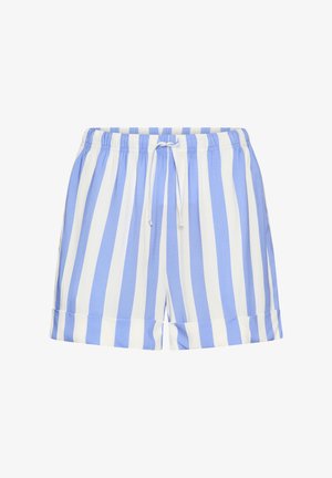 Helehallid ja valged vertikaalsed triibulised lühikesed püksid, millel on elastne vöökoht ja pingutuspael, ülespööratud äärtega, valgel taustal.