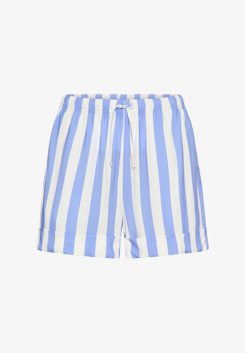 Hellblaue und weiße Shorts mit vertikalen Streifen, elastischem Bund und Kordelzug, umgeschlagene Säume, vor weißem Hintergrund.