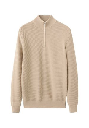 Pulover bej cu model texturat, guler cu fermoar pe jumătate, mâneci lungi și manșete și tiv striate. Fabricat din material moale tricotat.