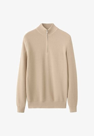 Beige pullovertröja med mönstrad struktur, halvlång dragkedja vid kragen, långa ärmar och ribbade muddar och fåll. Tillverkad av mjukt stickat material.