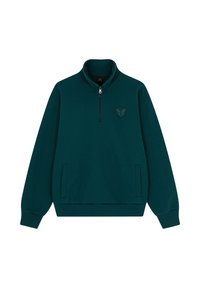 Teal pullover sweatshirt met een hoge kraag, halve rits en geborduurd logo. Beschikt over twee zijzakken en ribgebreide manchetten en zoom.