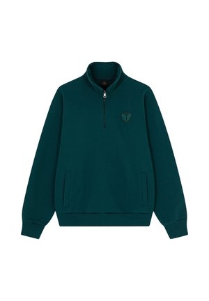 Teal pullover sweatshirt met een hoge kraag, halve rits en geborduurd logo. Beschikt over twee zijzakken en ribgebreide manchetten en zoom.