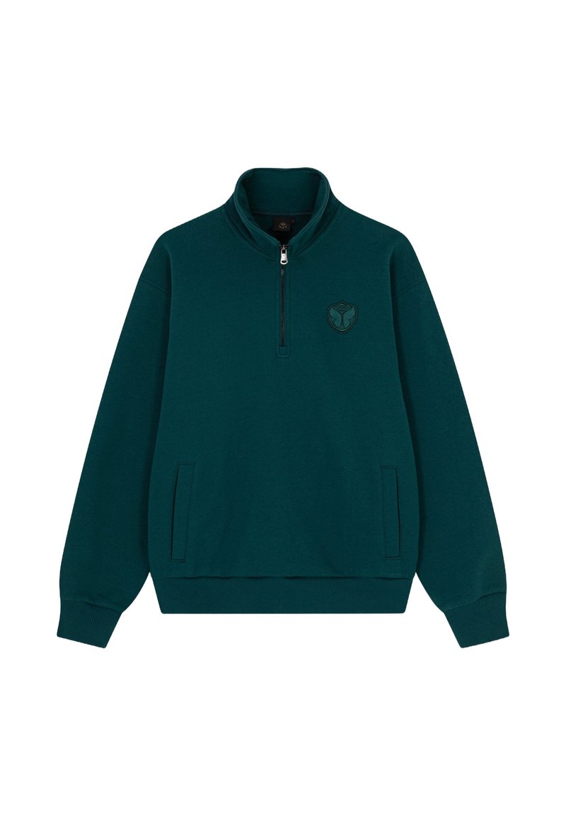 Teal pullover sweatshirt met een hoge kraag, halve rits en geborduurd logo. Beschikt over twee zijzakken en ribgebreide manchetten en zoom.