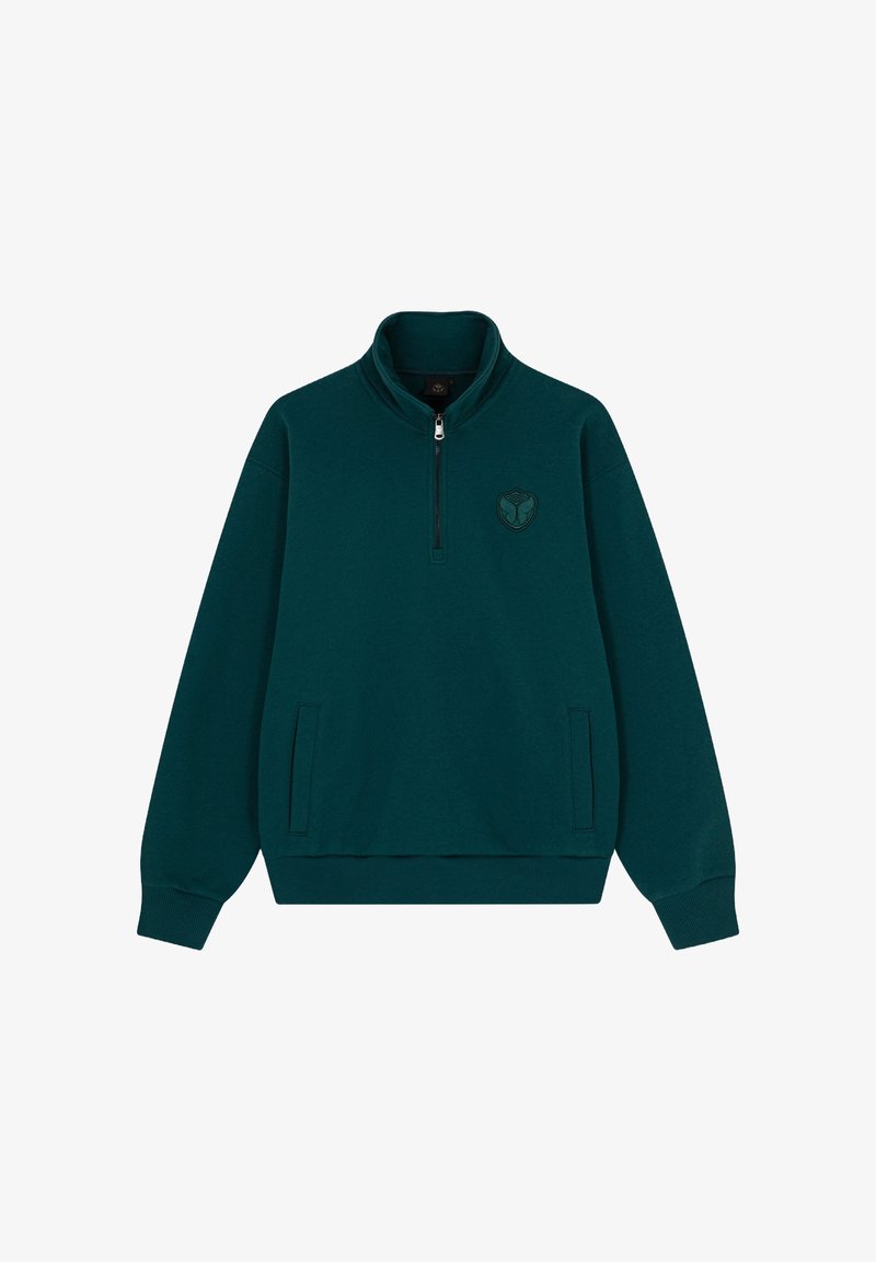 Teal pullover sweatshirt met een hoge kraag, halve rits en geborduurd logo. Beschikt over twee zijzakken en ribgebreide manchetten en zoom.