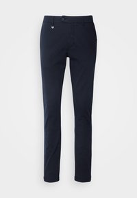 Pantalon ajusté bleu marine en coton. Il présente une fermeture à bouton et à glissière à l'avant, avec deux poches latérales et une finition soignée.