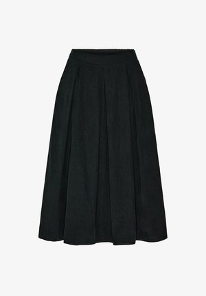 Sort A-line nederdel lavet af letvægtsstof, med en plisseret design, en høj talje og en knælængde kant.