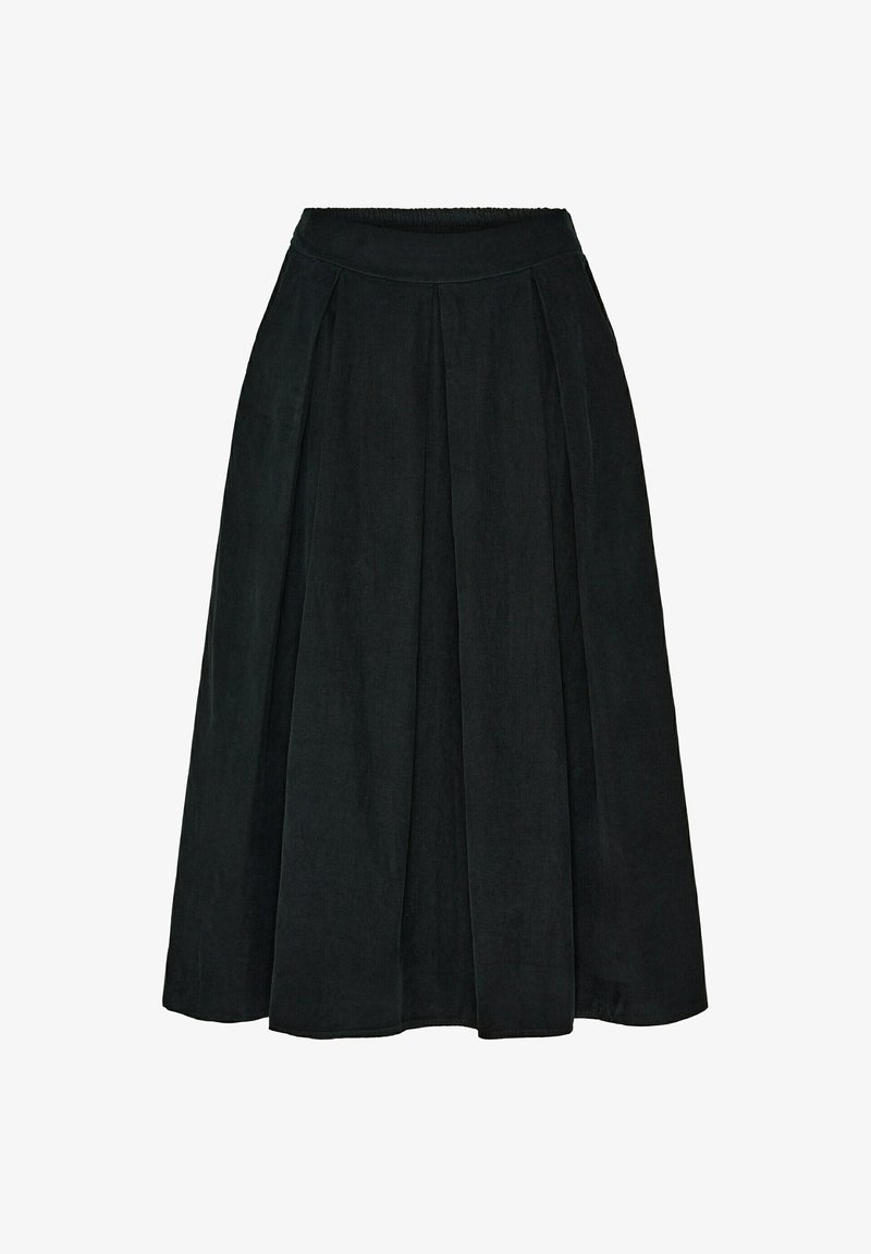 Sort A-line nederdel lavet af letvægtsstof, med en plisseret design, en høj talje og en knælængde kant.