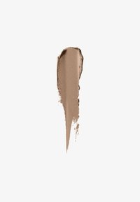 Échantillon de crème mate marron avec une texture lisse et uniforme, se rétrécissant en un bord fin, présenté sur un fond blanc.