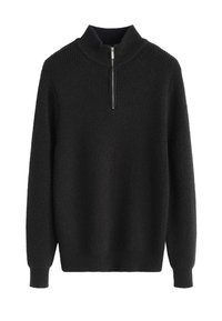Pull en laine noir avec un col montant et une fermeture éclair courte. Présente une texture côtelée, des manches longues et une coupe décontractée.
