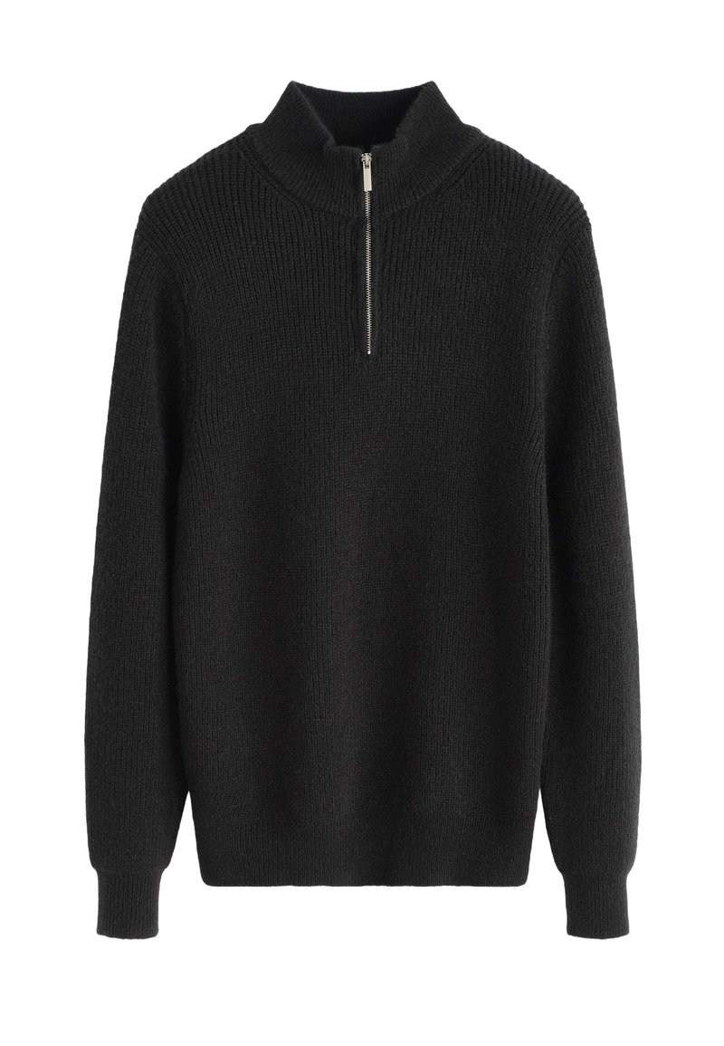 Pull en laine noir avec un col montant et une fermeture éclair courte. Présente une texture côtelée, des manches longues et une coupe décontractée.
