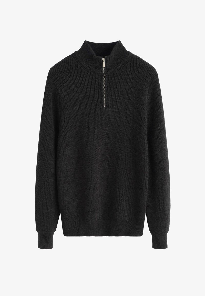 Pull en laine noir avec un col montant et une fermeture éclair courte. Présente une texture côtelée, des manches longues et une coupe décontractée.
