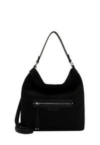 Black soft handbag with top handle and adjustable shoulder strap, featuring a front zip pocket with leather pull tabs.