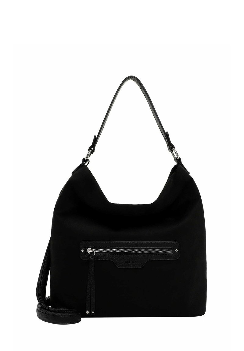 Black soft handbag with top handle and adjustable shoulder strap, featuring a front zip pocket with leather pull tabs.