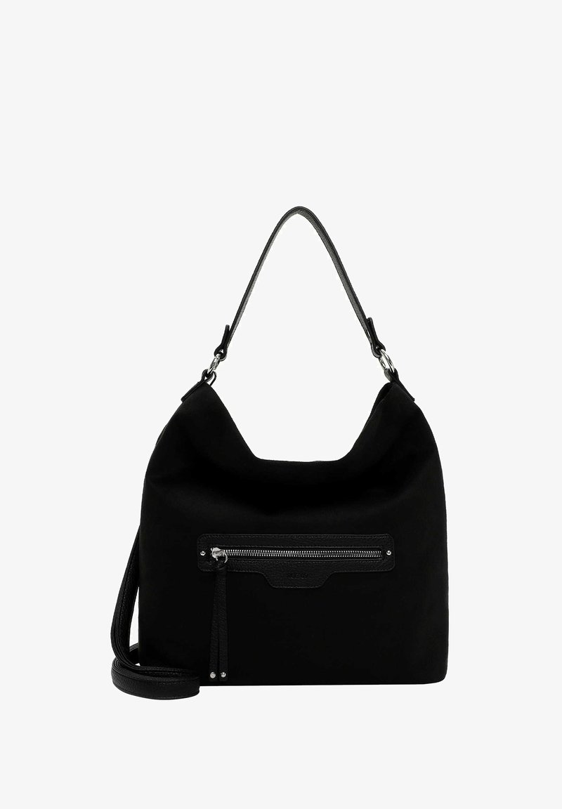Borsa nera morbida con manico superiore e tracolla regolabile, dotata di una tasca anteriore con zip e tiretti in pelle.