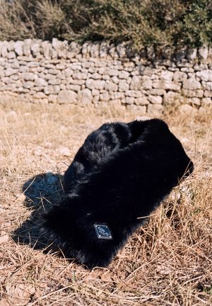 Un bonnet en fourrure noir de la marque Replay repose sur de l’herbe sèche, devant un muret en pierre.