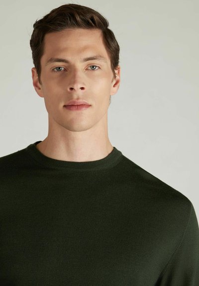 Dunkelgrüner Strickpullover mit Rundhalsausschnitt und glatter Textur, ausgestattet mit langen Ärmeln und einer figurbetonten Passform.