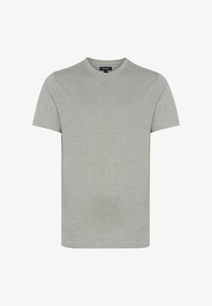 Vaaleanharmaa t-paita, joka on valmistettu pehmeästä puuvillasta. Paidassa on pyöreä kaula-aukko, lyhyet hihat ja sileä pinta ilman mitään kuvioita tai yksityiskohtia.