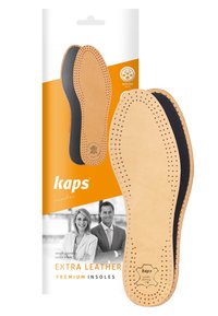 Leather insoles with a light tan surface and black underside. Features perforations for breathability. Packaged with a vibrant orange label.