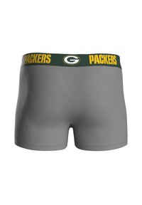 Šedé boxerky se zeleno-žlutým elastickým pasem s nápisem "PACKERS" a logem, hladká textura a přiléhavý střih.