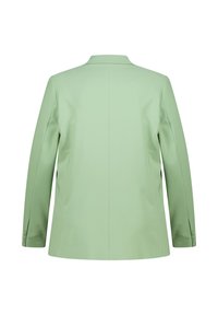 Groene gestructureerde blazer met scherpe revers, lange mouwen en knoopaccenten; gladde stof met een nette, op maat gemaakte achterkant.