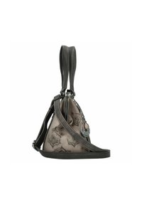 Sac à main à motifs floraux gris avec double poignées, bandoulière ajustable et un charm en métal rond suspendu sur le côté.