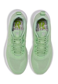Jasnozielone buty sportowe z teksturowanej siateczki, wyściełanym kołnierzem, sznurowanym zapięciem oraz białą gumową podeszwą z logo na języku.