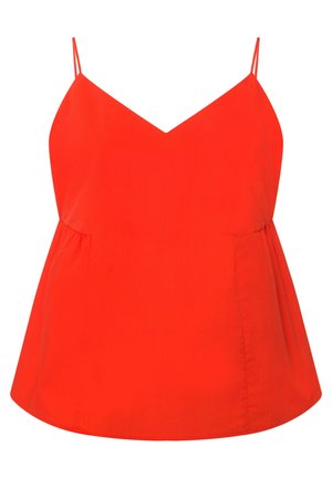 Rotes ärmelloses Oberteil mit V-Ausschnitt, schmeichelndem Saum und verstellbaren dünnen Trägern; glatte Textur ohne sichtbare Muster oder Verzierungen.