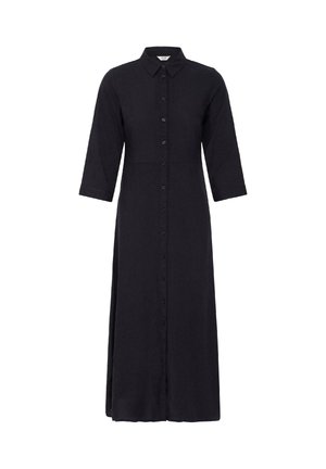 Čierne, dlhé rukávy, šaty so zapínaním na gombíky, špicatým golierom a midi dĺžkou, s priliehavým strihom a stredne dlhými rukávmi.