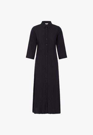 Čierne, dlhé rukávy, šaty so zapínaním na gombíky, špicatým golierom a midi dĺžkou, s priliehavým strihom a stredne dlhými rukávmi.