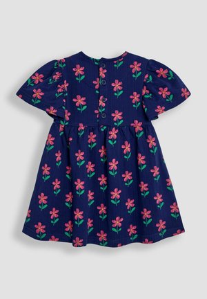 Rochie bleumarin cu mâneci scurte tip balon, având un model floral în nuanțe de roz și verde. Închidere la spate cu nasturi și un design cu fustă evazată.