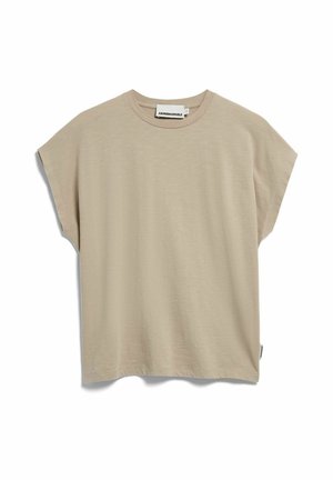 Beiges T-Shirt mit kurzen Ärmeln, Rundhalsausschnitt, lockerem Schnitt und kleinem Markenlabel am Kragen und an der Seitennaht.