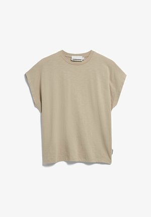 Beiges T-Shirt mit kurzen Ärmeln, Rundhalsausschnitt, lockerem Schnitt und kleinem Markenlabel am Kragen und an der Seitennaht.