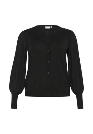 Black cardigan made from soft fabric, featuring a round neckline, button-front closure, and puffed long sleeves. Simple design with ribbed accents.