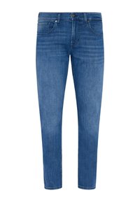Jeans blu slim-fit in denim, con cinque tasche, passanti per cintura e leggere sfumature davanti. Chiusura con bottone in metallo.