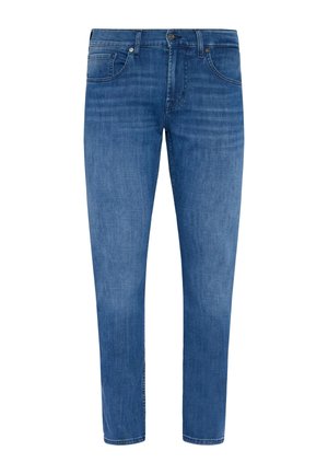 Slim-fit blue jeans made of denim, featuring five pockets, belt loops, and subtle fading on the front. Metal button closure.