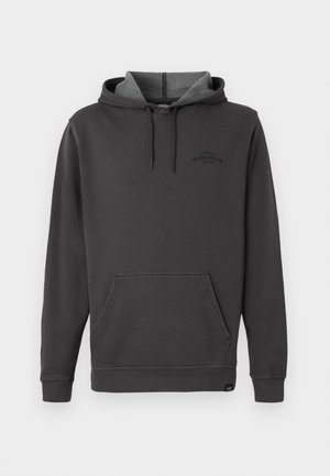 Dark gray hooded sweatshirt with a fleece-lined interior, front kangaroo pocket, ribbed cuffs and hem, and a subtle logo on the chest.