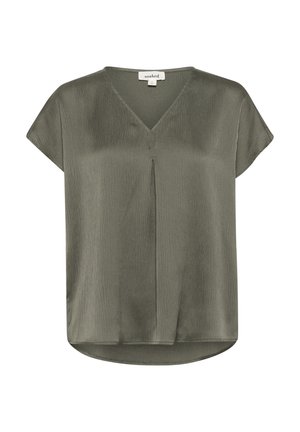 Blouse vert olive à manches courtes avec un col en V et un pli central. Tissu lisse, légèrement texturé avec un ourlet arrondi. Étiquette de marque visible.