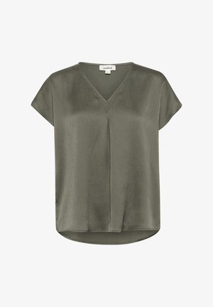 Olive green, short-sleeve blouse with a V-neck and a central pleat. Smooth, slightly textured fabric with a rounded hem. Brand label visible.