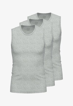 Kolme yksinkertaista vaaleanharmaata hihattomaa aluspaidat pinottuna, joissa on pyöreät kaula-aukot ja vartalonmyötäinen muoto.