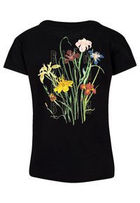 T-shirt noir avec un graphique floral coloré comprenant des fleurs jaunes, roses, rouges et bleues, sur fond noir avec des accents de texte.