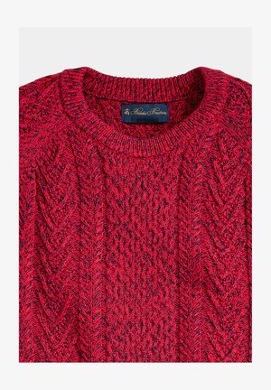 Red cable-knit sweater with crew neck, textured knit pattern, and Brooks Brothers label on the inside collar.