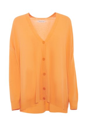 Cardigan arancione, vestibilità loose, scollatura a V, cinque bottoni sul davanti, orlo a coste e polsini, realizzato in morbido materiale lavorato a maglia.
