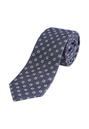 Rullet navyblåt slips med et gentaget mønster af små hvide firkanter med sorte prikker.