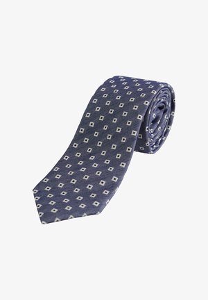 Opgerolde marineblauwe stropdas met een terugkerend patroon van kleine witte vierkantjes met zwarte stippen.