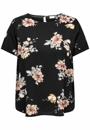 Schwarzes Kurzarmoberteil mit pinken und gelben Blumenmustern. Hergestellt aus leichtem Stoff mit rundem Ausschnitt und rückseitigem Verschluss.