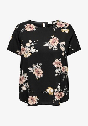 Schwarzes Kurzarmoberteil mit pinken und gelben Blumenmustern. Hergestellt aus leichtem Stoff mit rundem Ausschnitt und rückseitigem Verschluss.