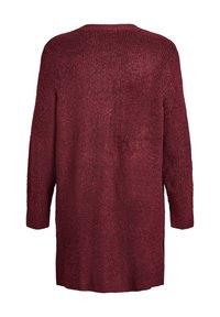 Burgundowy sweter z dzianiny z długimi rękawami, teksturowanym materiałem, bocznymi rozcięciami i luźnym krojem, prezentujący prosty, nieozdobiony design.