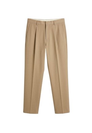 Pantaloni da uomo beige su misura con passanti per cintura, tasche laterali e piega frontale, mostrati distesi su sfondo bianco.